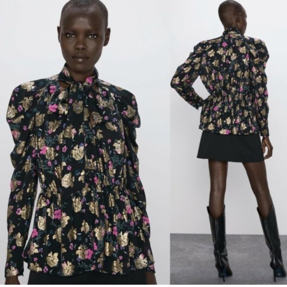 Zara Black and Pink Blouse with Puff Sleeves and Tie Front